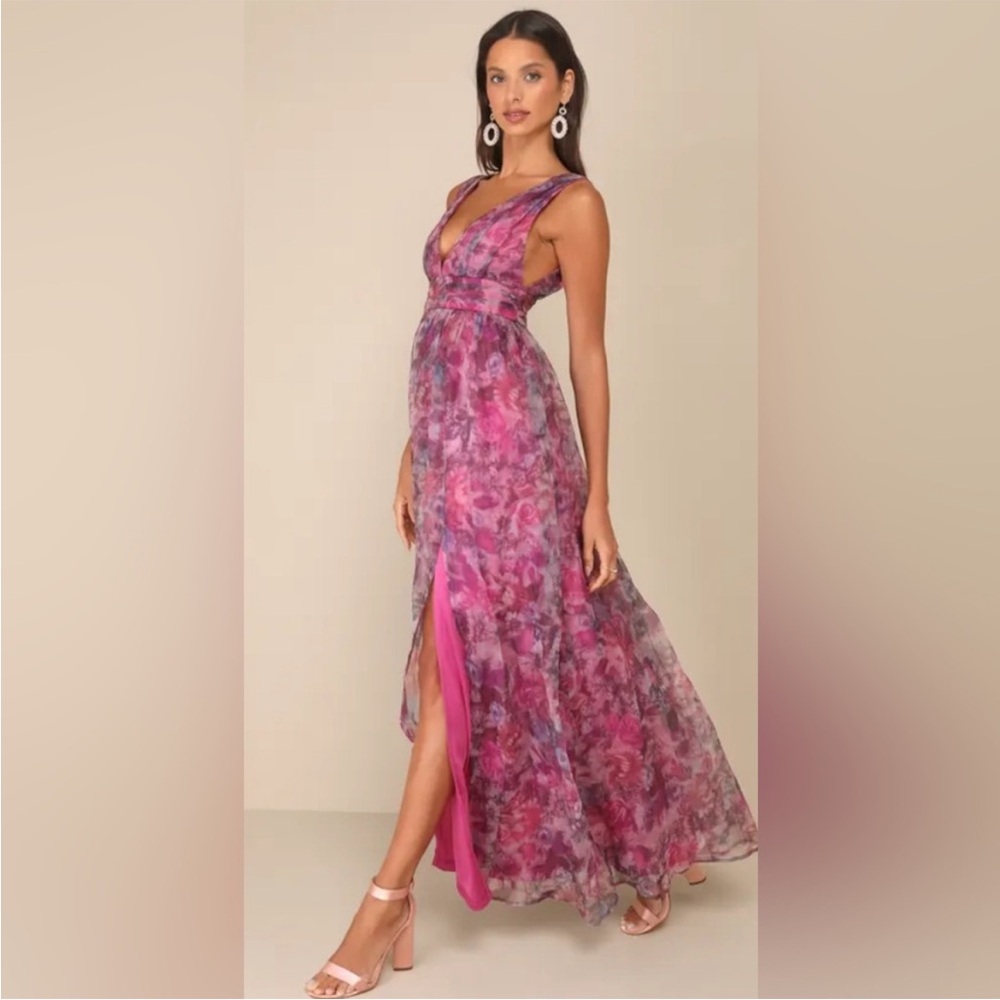 Garden Romance Magenta Floral Print Organza Maxi Dress